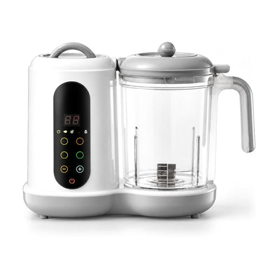 White and gray Securidou baby food maker, clear bowl, on a white background