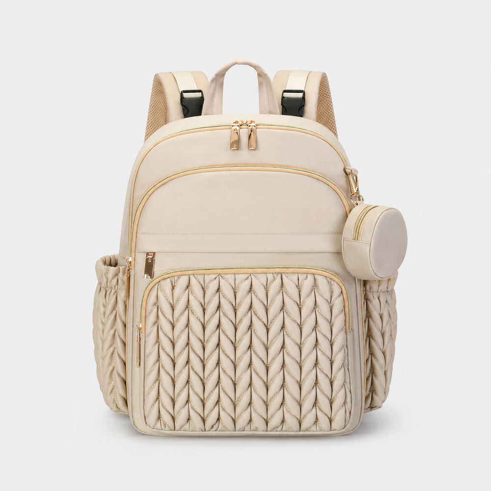 Securidou diaper bag backpack in beige, front view, braided quilted front and matching round pouch