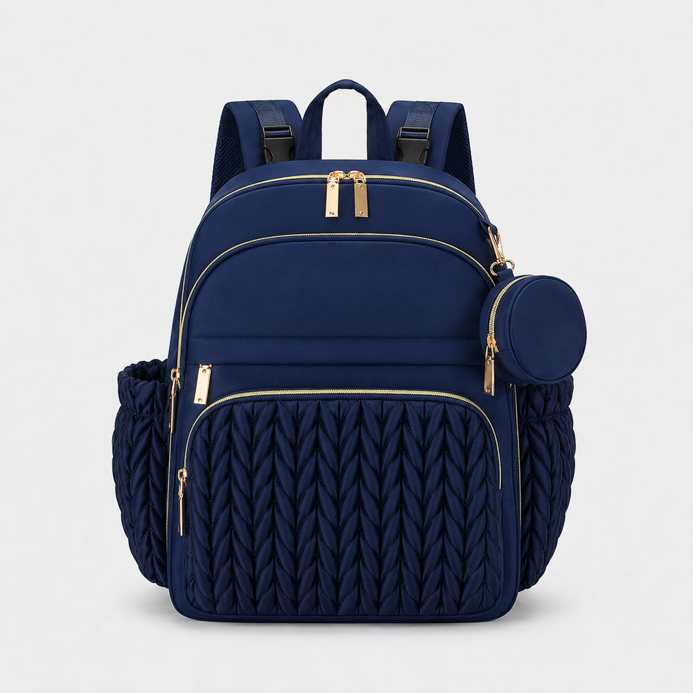 Securidou diaper bag backpack in navy blue, front view, braided quilted front and gold-tone zips