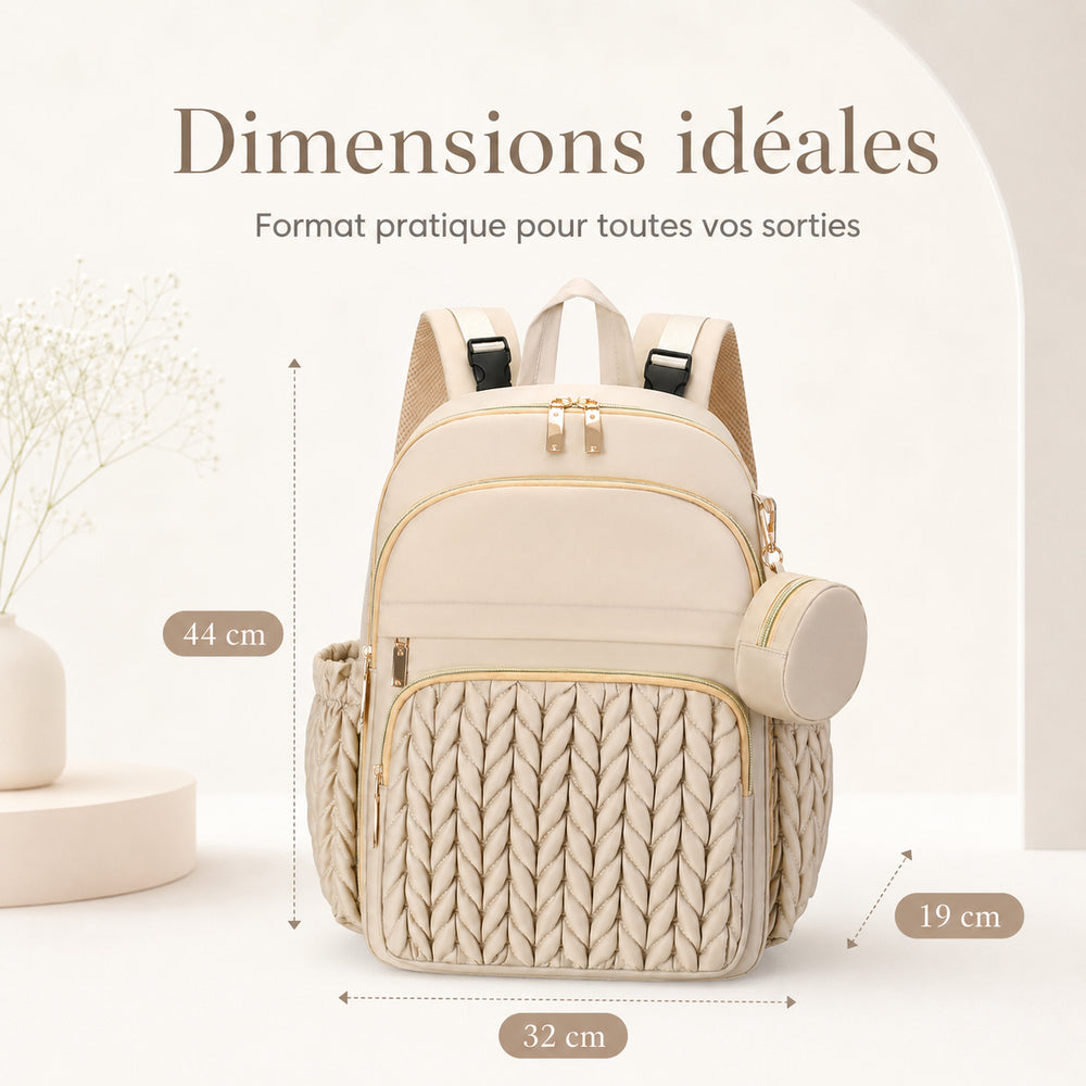 Dimensions of the beige Securidou diaper bag backpack: 44 cm high, 32 cm wide and 19 cm deep