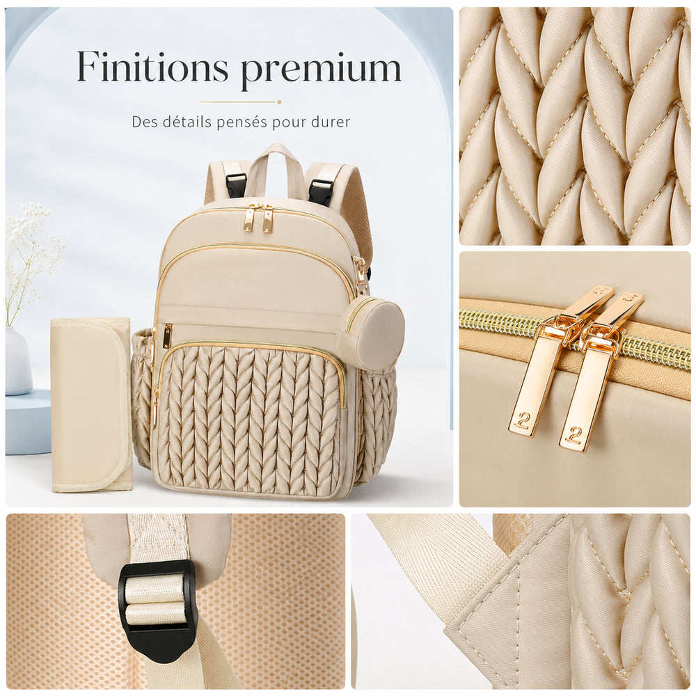 Details and finishes of the beige Securidou diaper bag: braided quilting, gold-tone zips and strap buckles