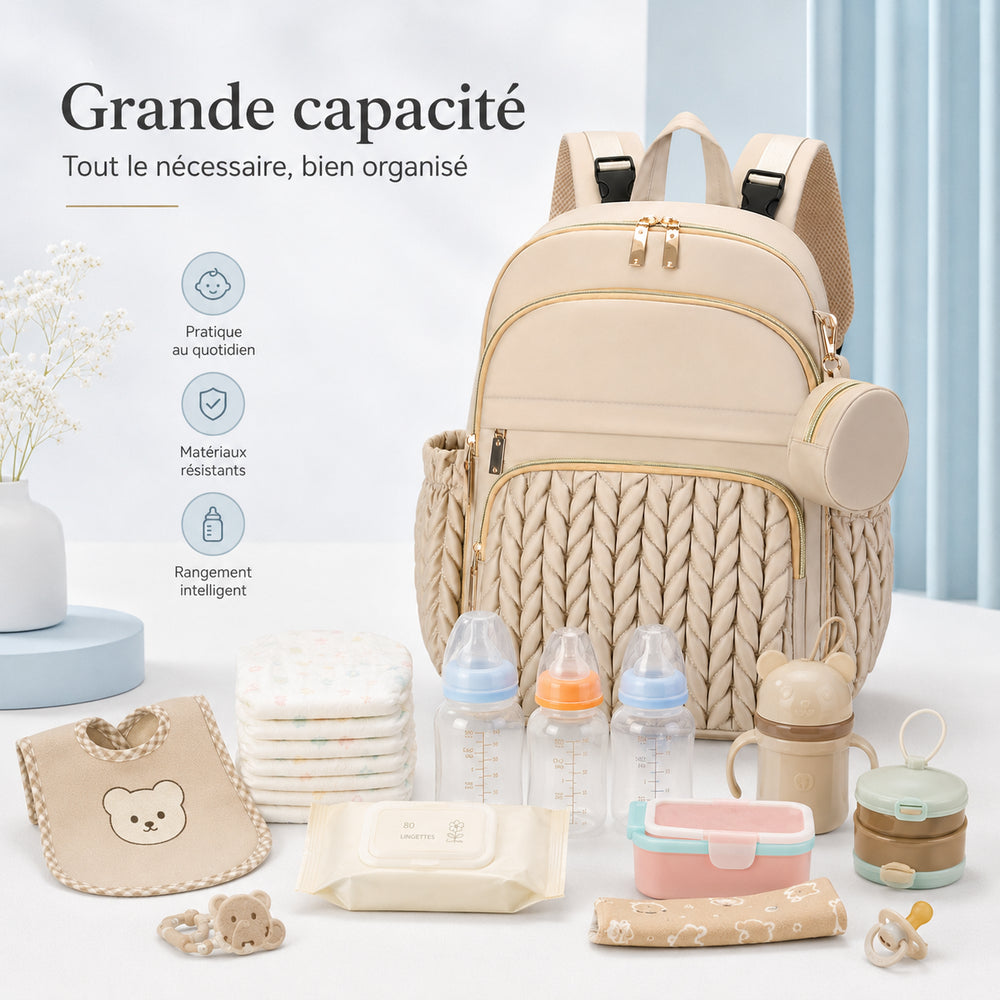 Securidou diaper bag in beige with everything your baby needs: bottles, nappies, wipes and formula dispensers