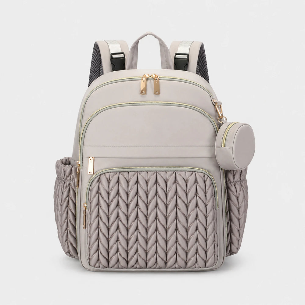Securidou diaper bag backpack in taupe grey, front view, braided quilted front and matching round pouch