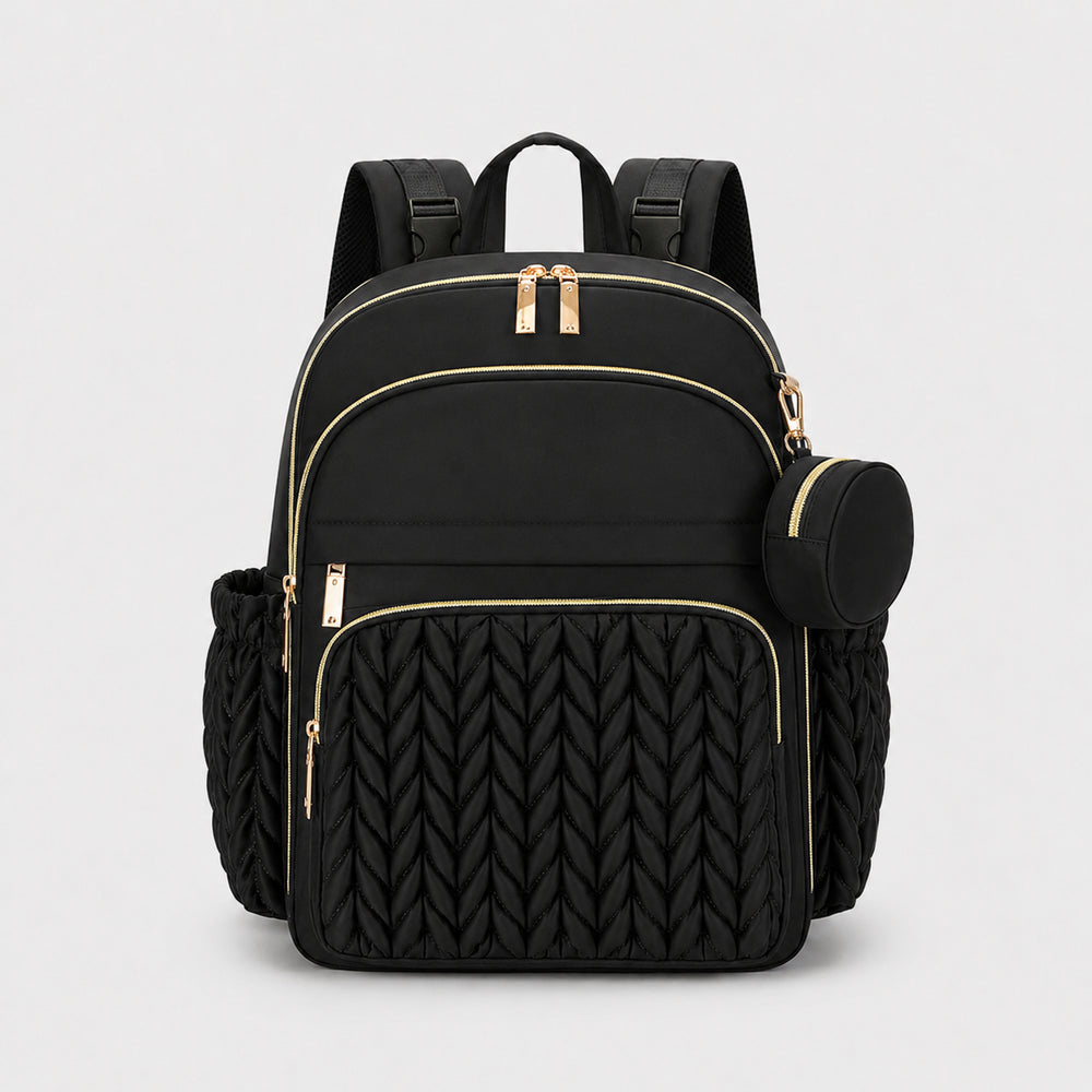 Securidou diaper bag backpack in black, front view, braided quilted front and contrasting gold-tone zips