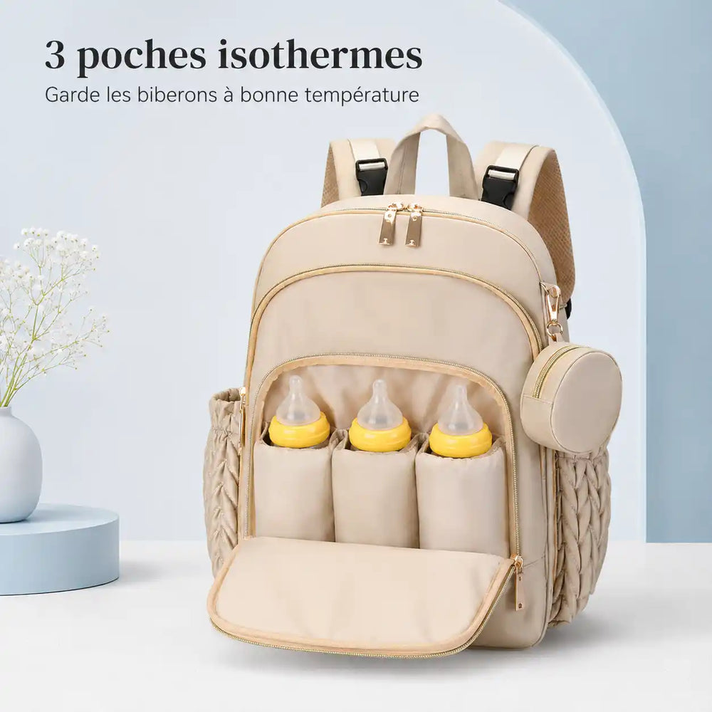 Securidou diaper bag in beige with its 3 insulated pockets keeping three of your baby's bottles warm