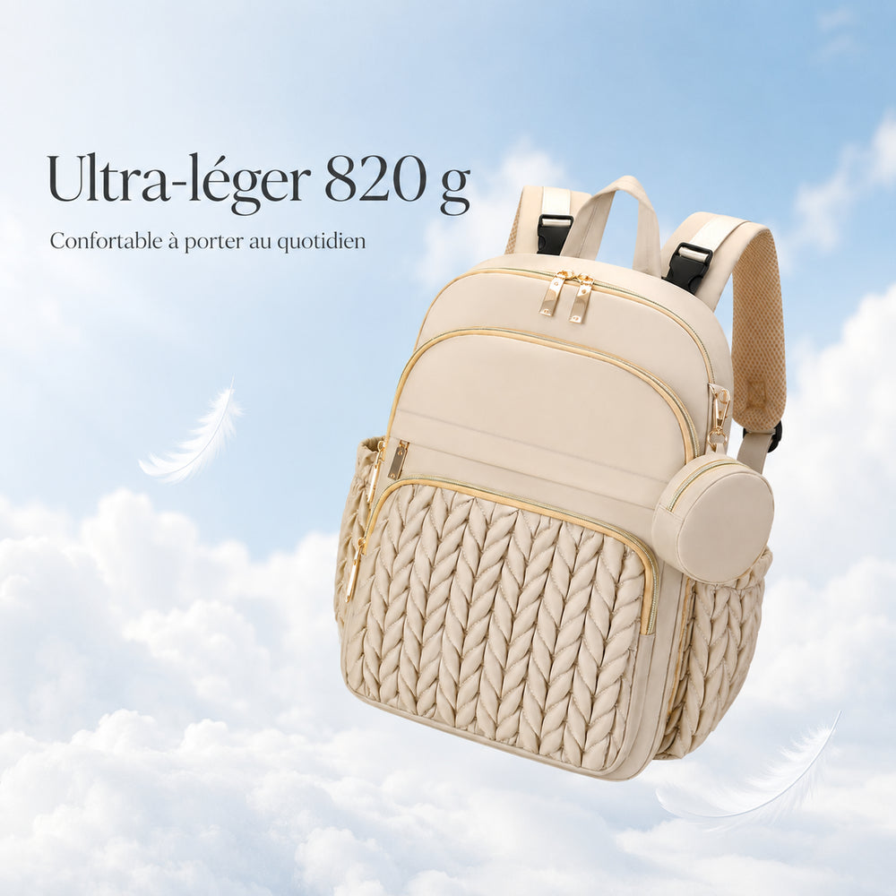 Ultra-light 820 g beige Securidou diaper bag backpack floating in the clouds, breathable mesh back visible