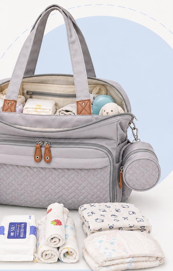 Securidou diaper bag open, with baby things stored inside