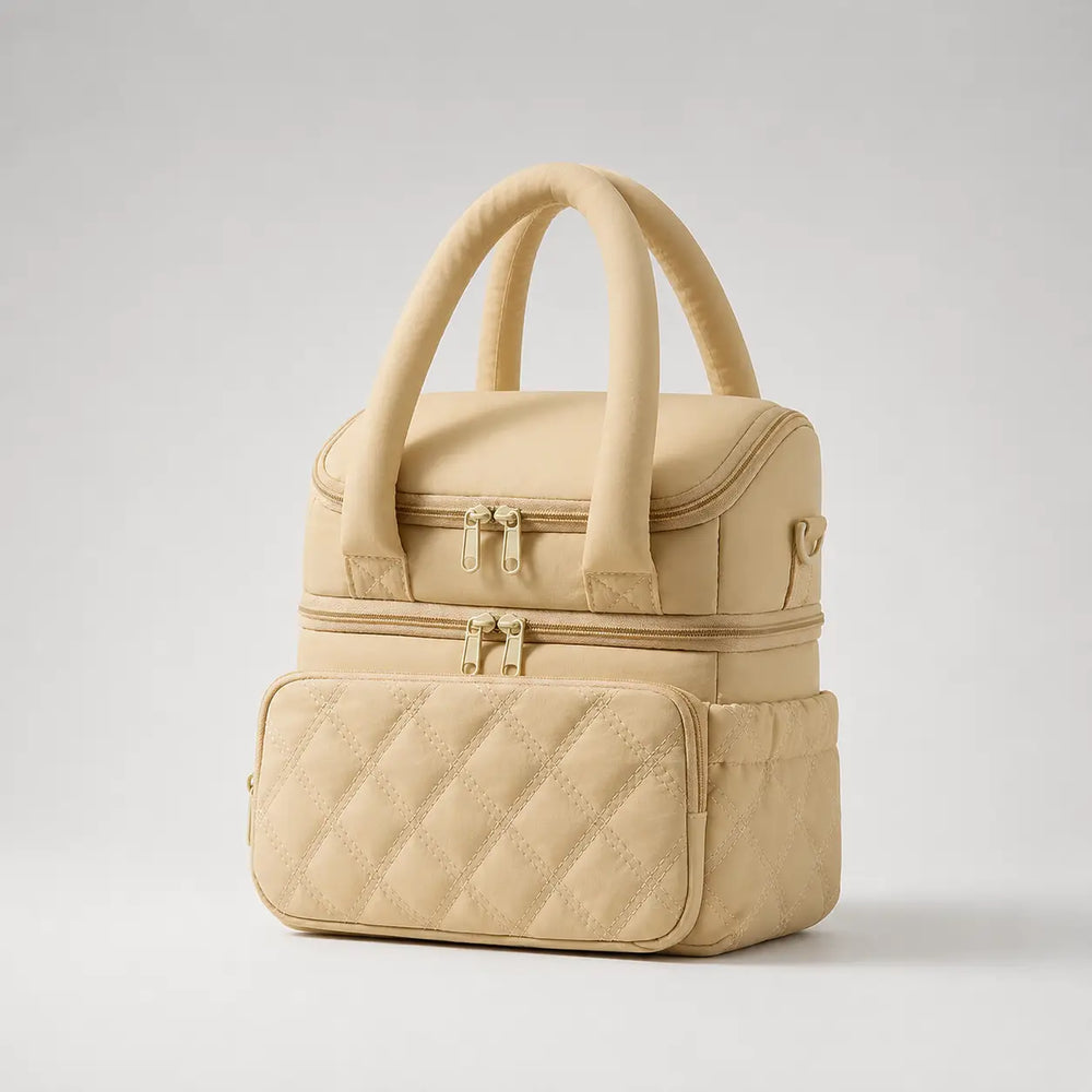 Securidou insulated bottle bag in camel beige, double compartment, three-quarter view with padded handles