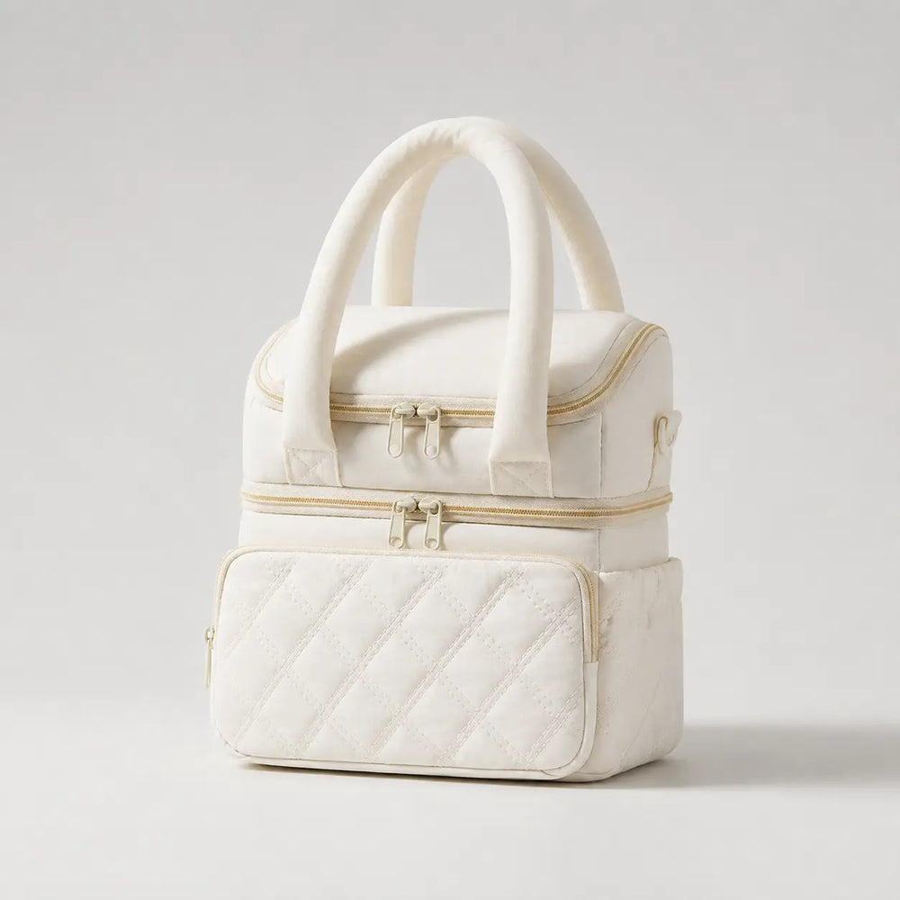 Securidou insulated bottle bag in ivory white, double compartment, three-quarter view with padded handles