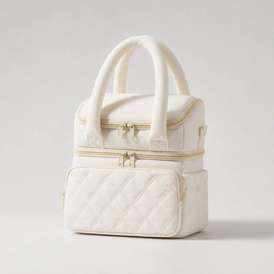 Securidou insulated bottle bag in ivory white, double compartment, three-quarter view with padded handles