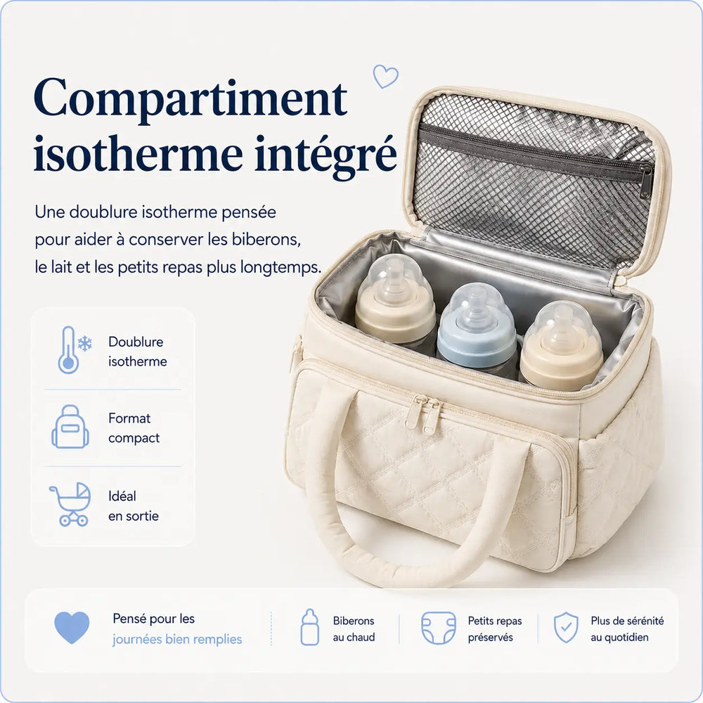 Insulated compartment of the Securidou bottle bag, open, with thermal lining keeping your baby's bottles cool