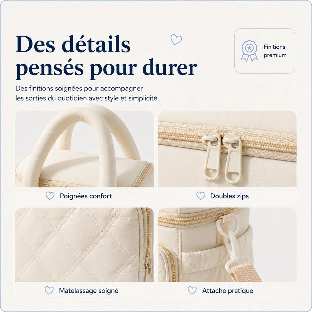 Details of the Securidou insulated bottle bag: comfort handles, double zips, quilting and shoulder strap attachment