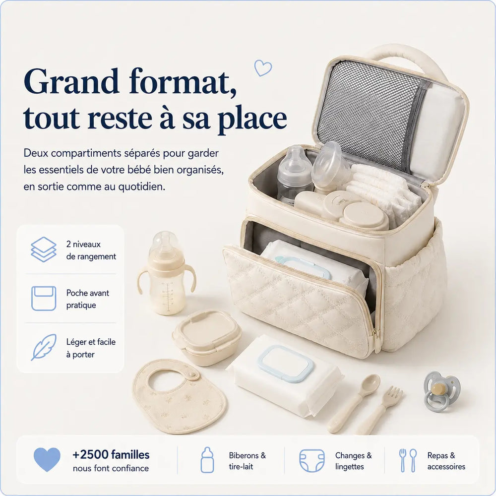 Securidou insulated bottle bag, open, double compartment holding your baby's bottles, nappies and accessories