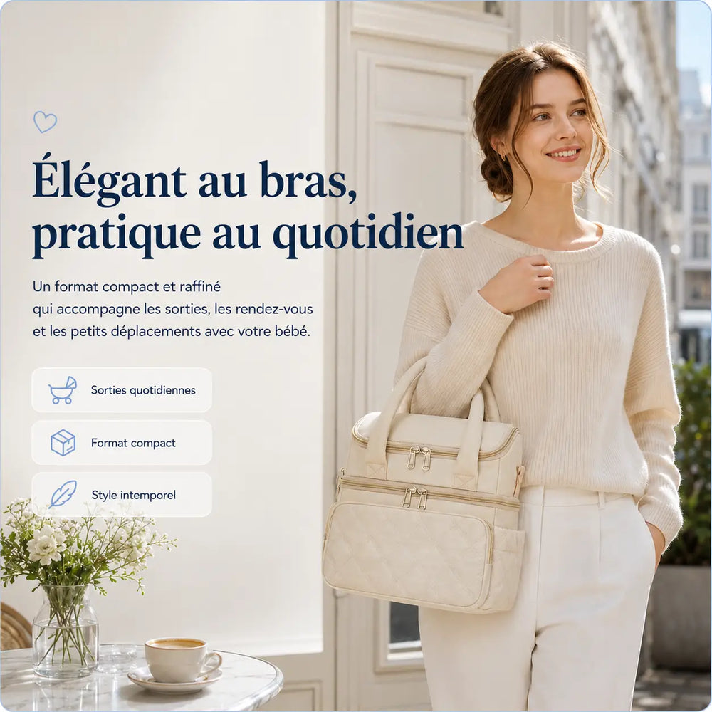 Mum carrying the ivory white Securidou insulated bottle bag on her arm during an outing with your baby