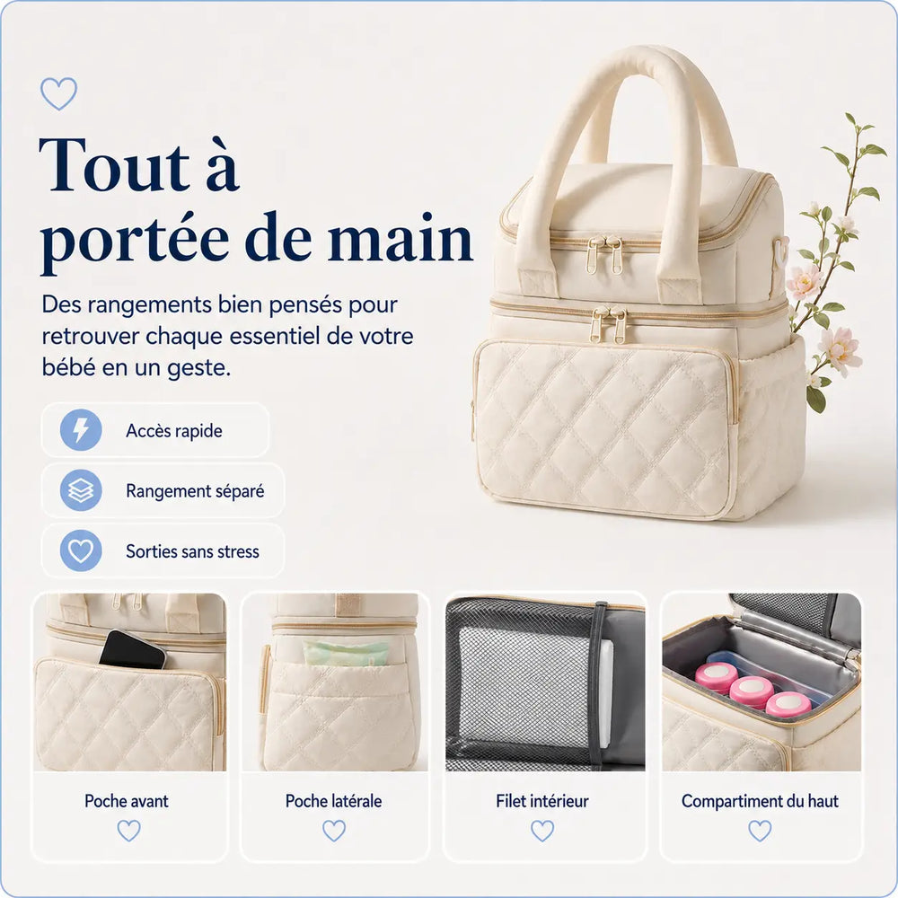 Storage in the Securidou insulated bottle bag: front pocket, side pocket, inner mesh and insulated compartment
