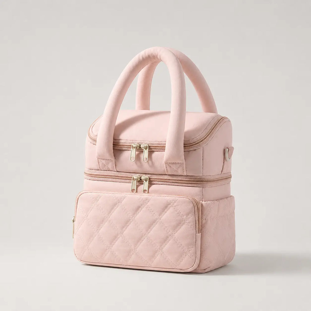 Securidou insulated bottle bag in pink, double compartment, three-quarter view with padded handles