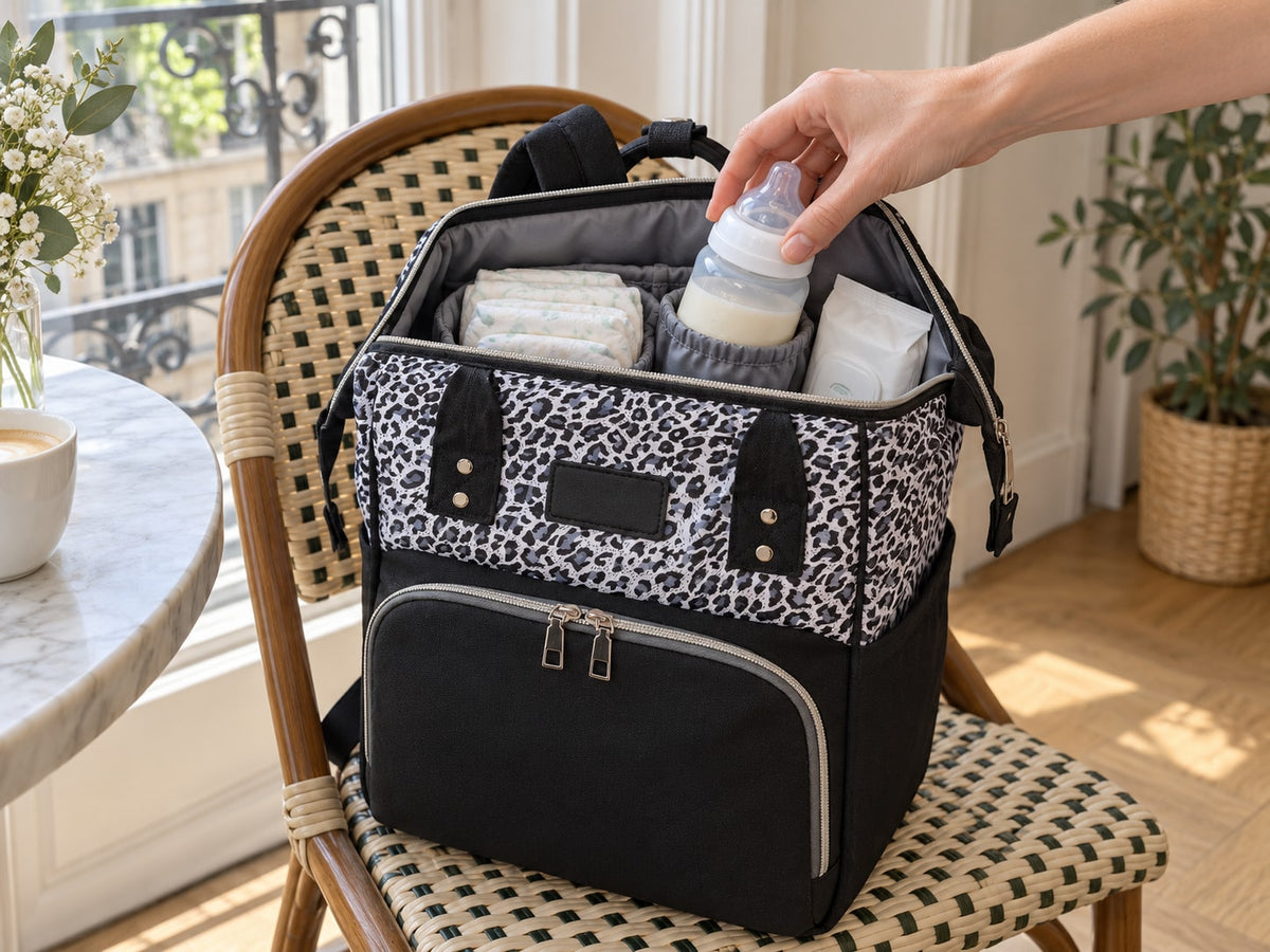 Securidou leopard diaper bag backpack open, everything in its own pocket