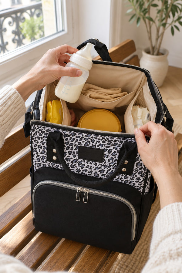 Hands taking a bottle out of the Securidou leopard diaper bag backpack