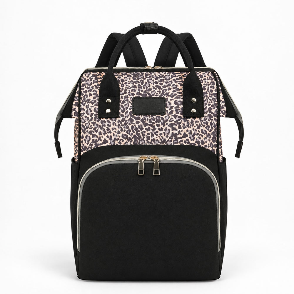 Securidou beige leopard diaper bag backpack, on a white background