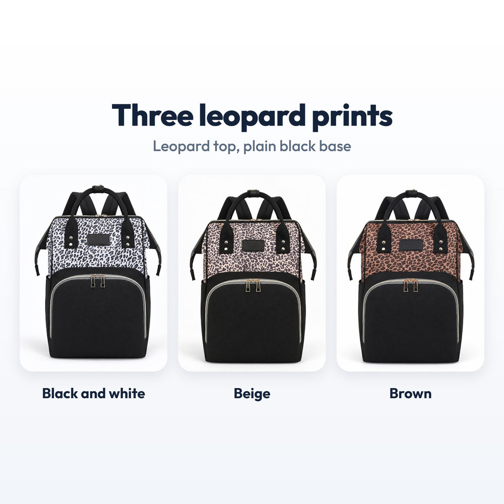 Securidou diaper bag backpack in three leopard prints: black and white, beige, brown