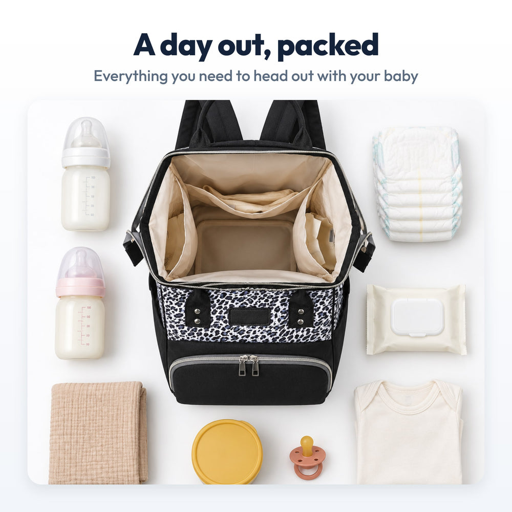 Securidou Leopard Diaper Bag Backpack: packed, flat lay