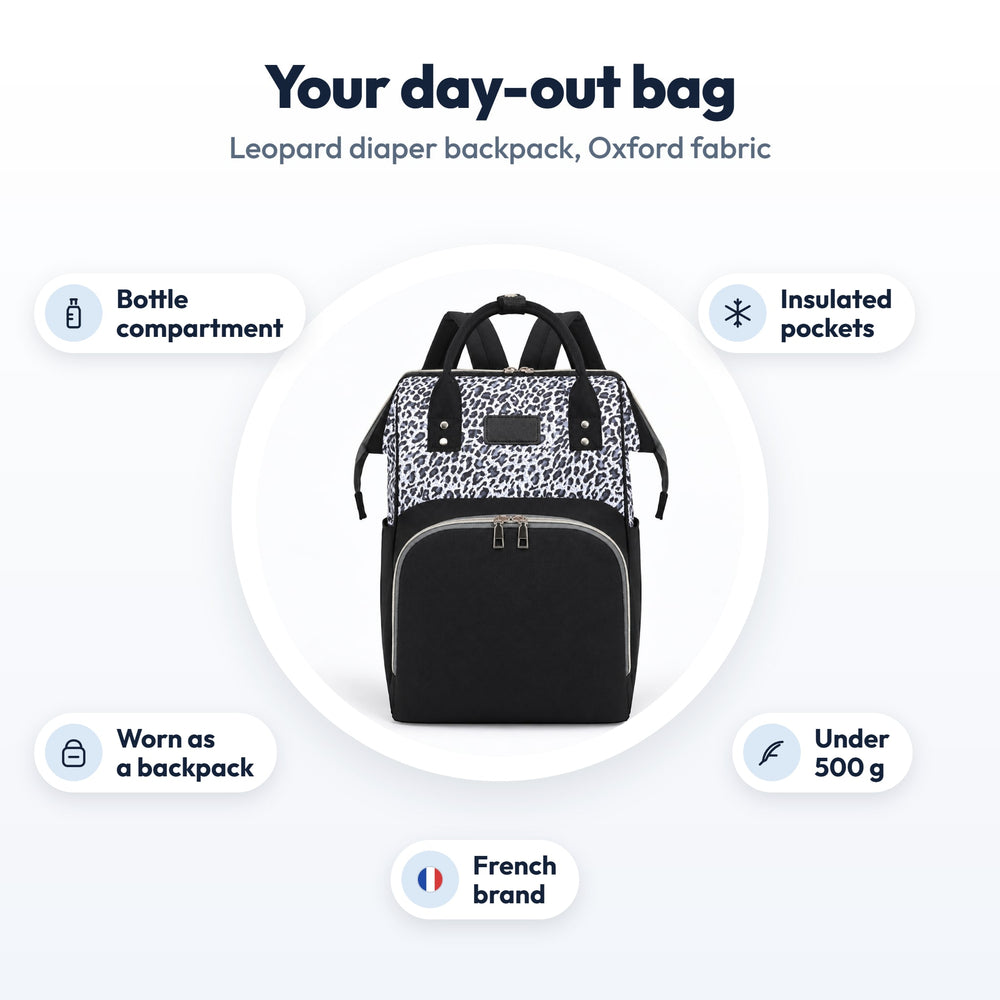 Securidou leopard diaper bag backpack: bottle compartment, insulated pockets, under 500 g