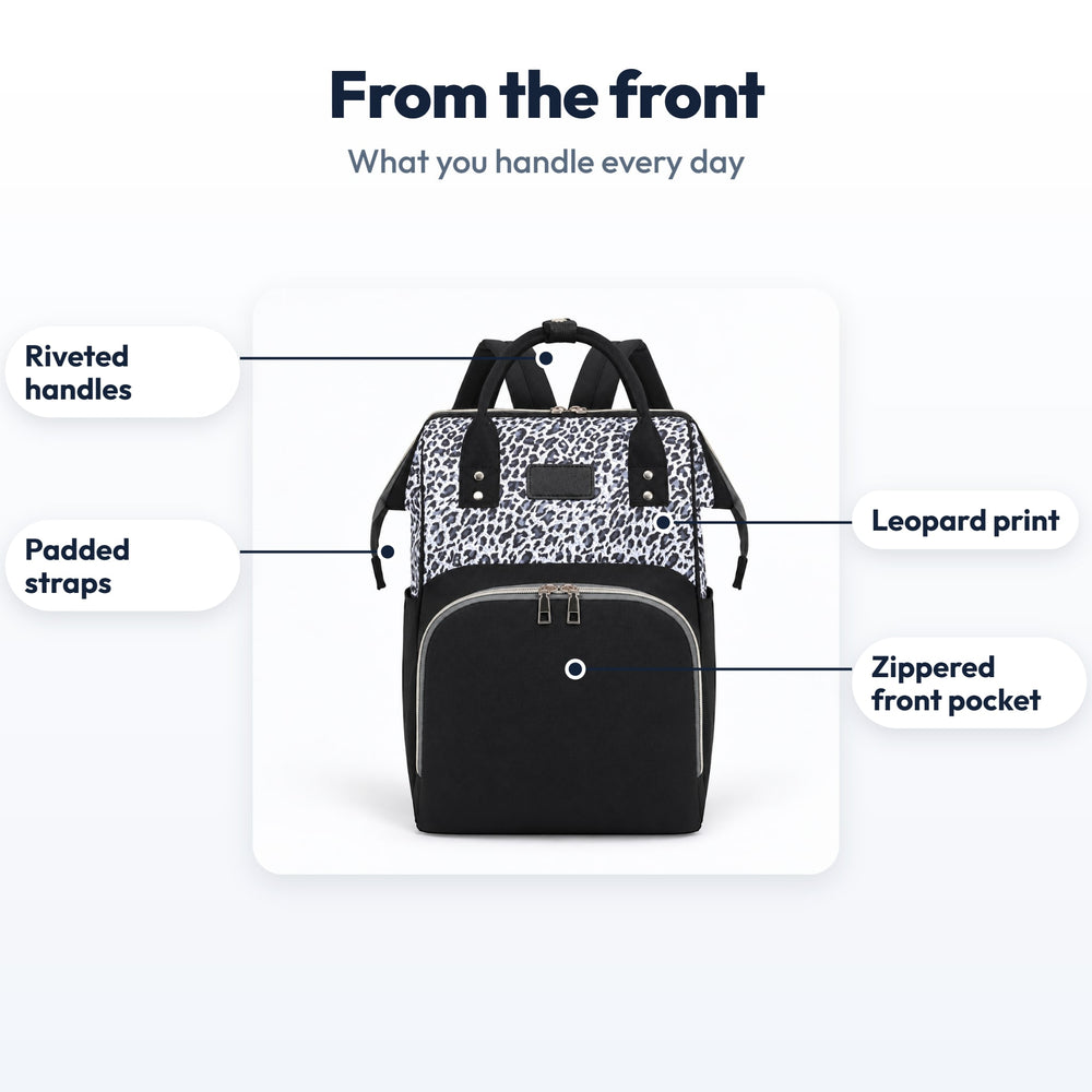 Securidou Leopard Diaper Bag Backpack: labeled front view