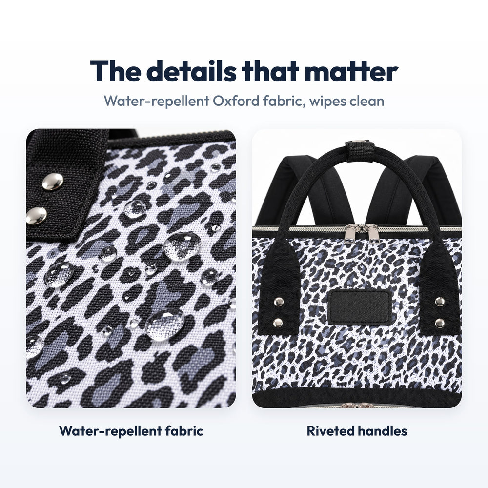 Securidou Leopard Diaper Bag Backpack: close-ups of the fabric and finishes