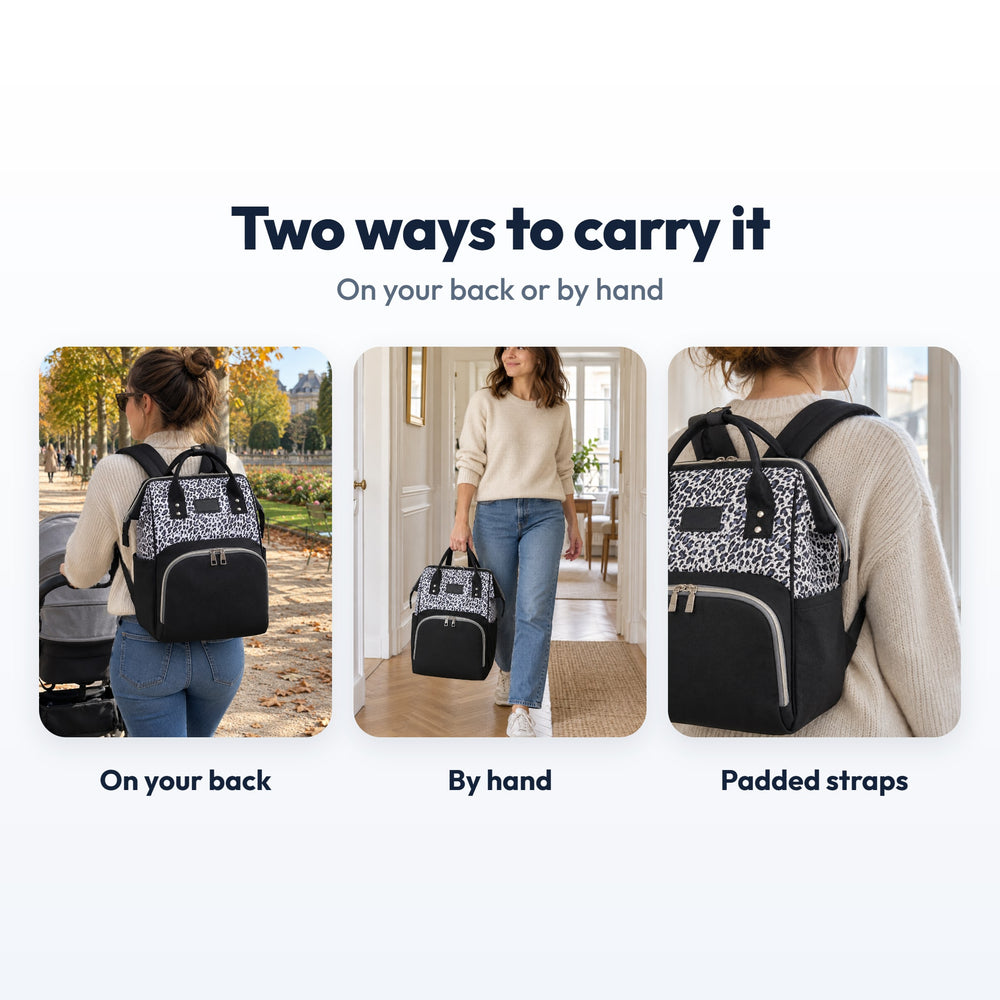 Securidou Leopard Diaper Bag Backpack: ways to carry it