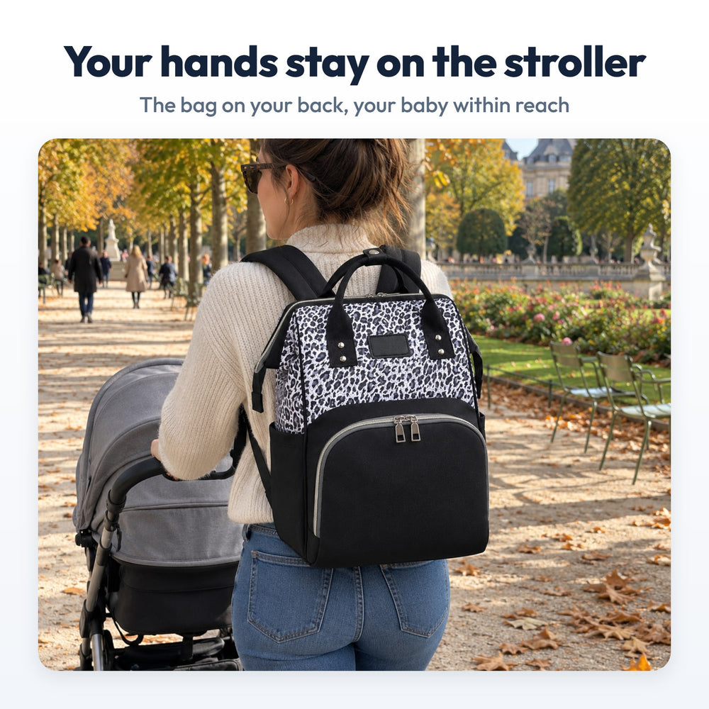 Securidou Leopard Diaper Bag Backpack: in use
