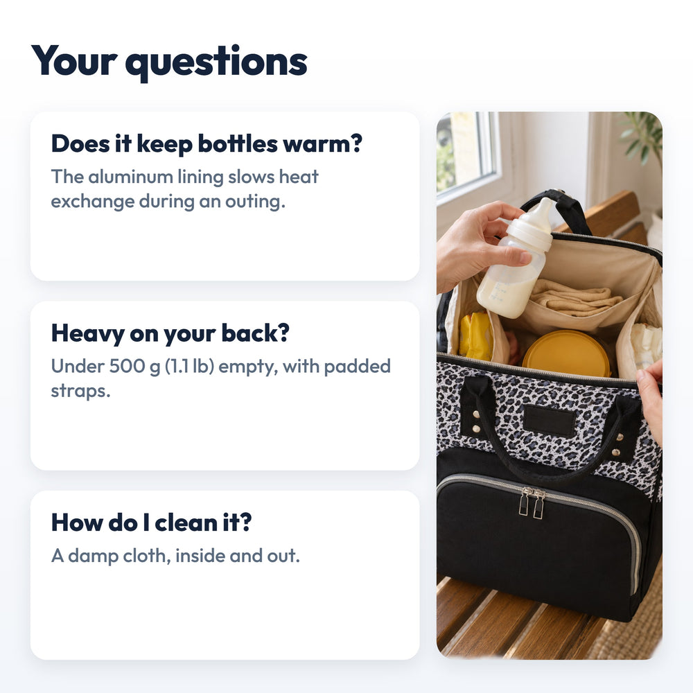 Securidou Leopard Diaper Bag Backpack: answers to frequently asked questions