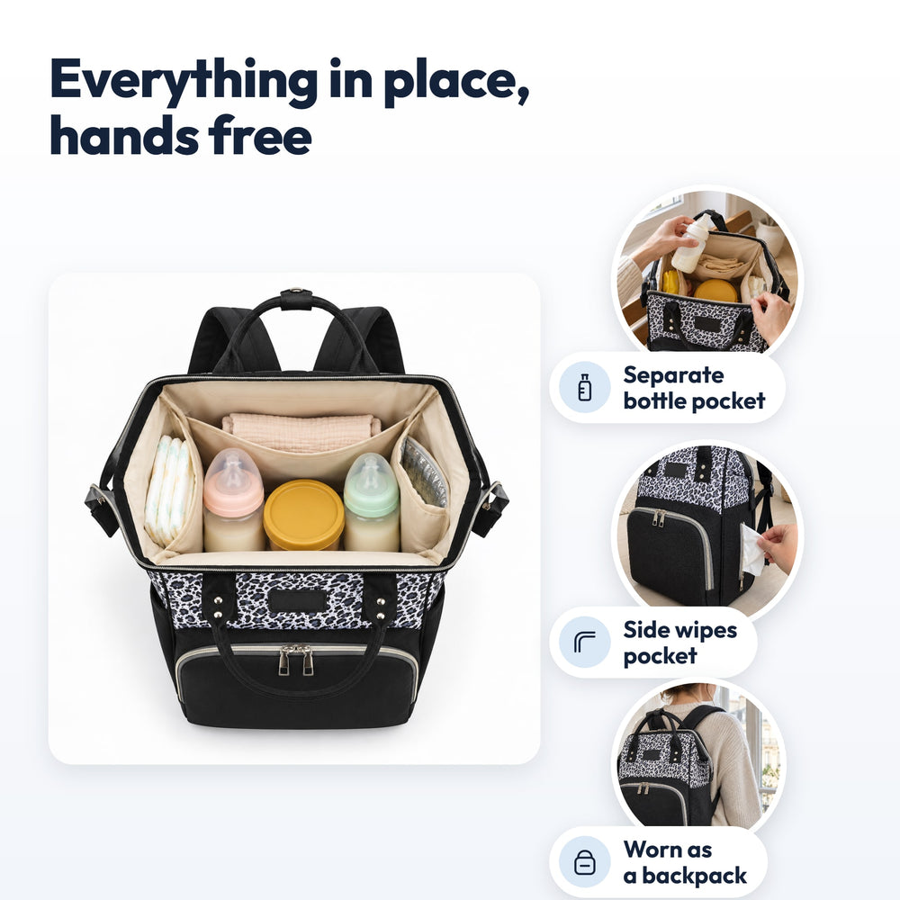Securidou leopard diaper bag backpack: bottles kept separate, wipes on the side, worn on the back