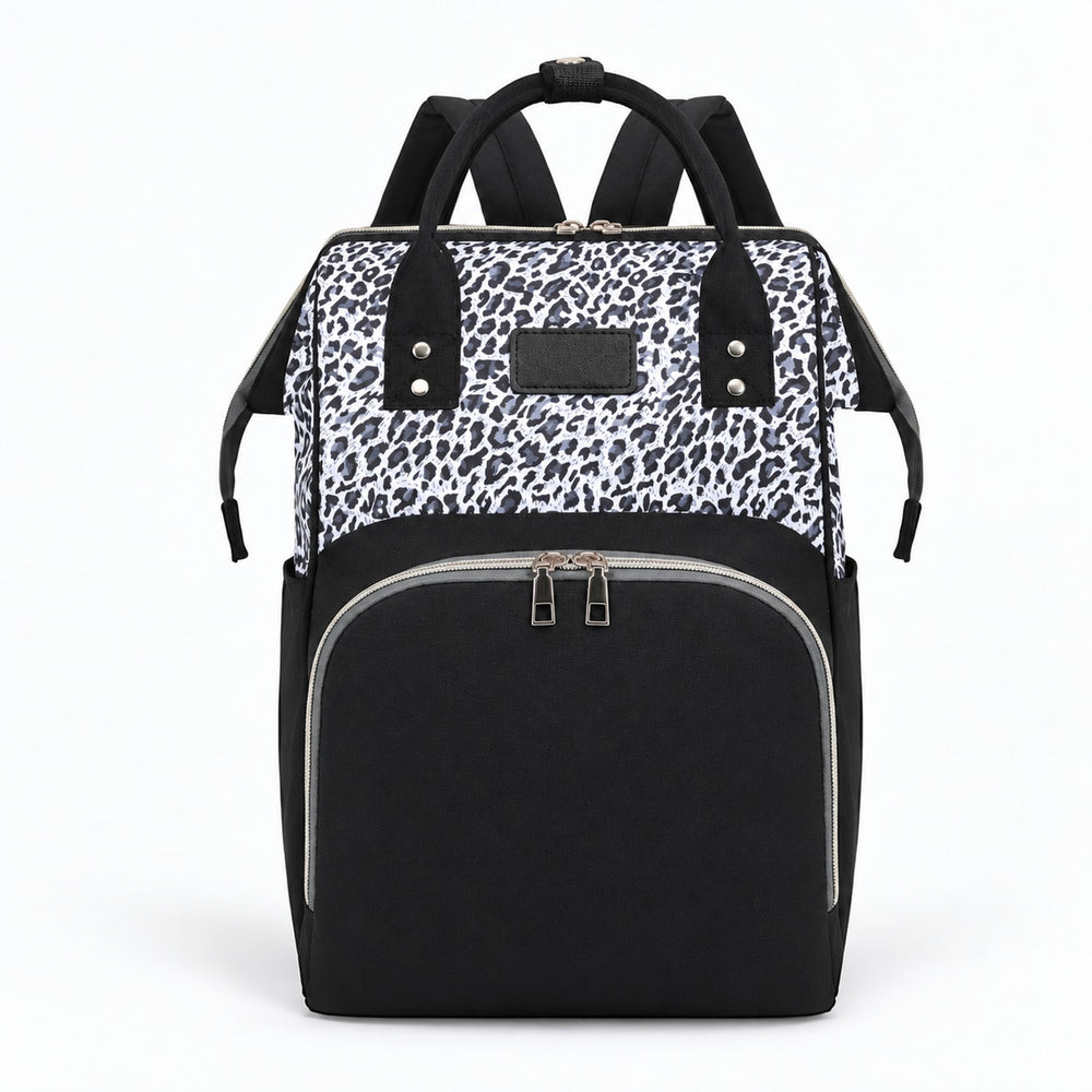 Securidou leopard diaper bag backpack in black and white, on a white background