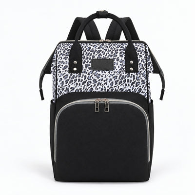 Securidou leopard diaper bag backpack in black and white, on a white background