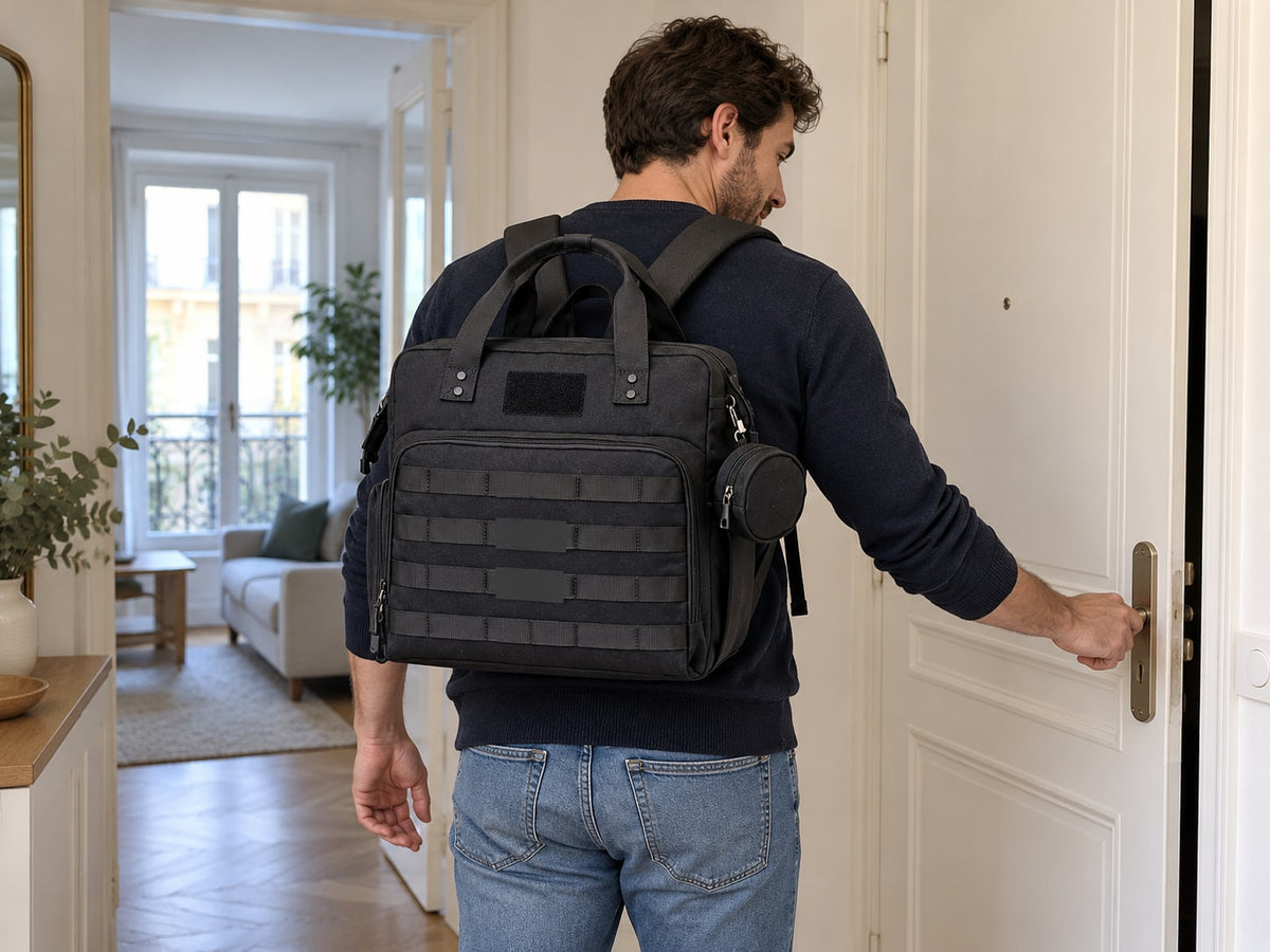 Dad at the door, Securidou diaper bag on his back, hands free
