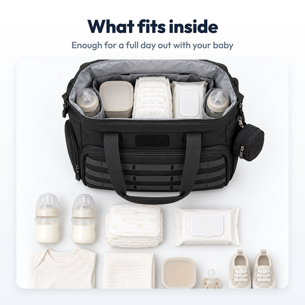 Securidou Dad Diaper Bag: packed, flat lay