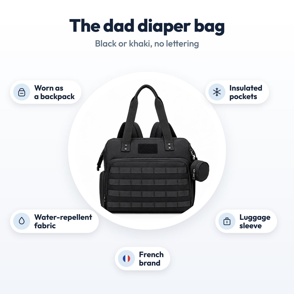 Securidou dad diaper bag: worn on the back, insulated pockets, water-repellent fabric, luggage sleeve