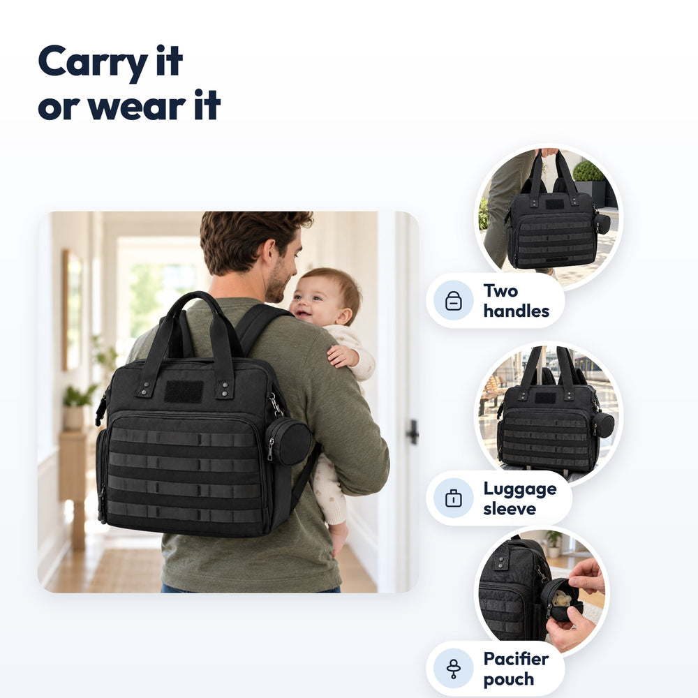 Securidou dad diaper bag: two handles, luggage sleeve, pacifier pouch