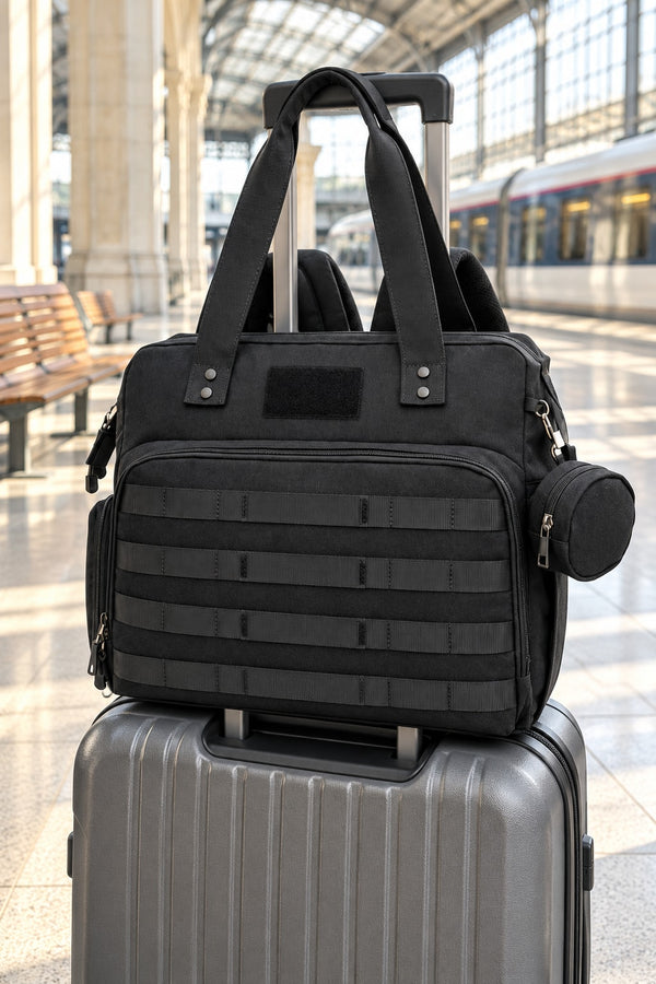 Securidou dad diaper bag slipped over a suitcase handle