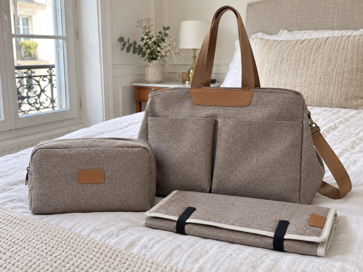 Securidou diaper bag set closed on the bed, ready to go