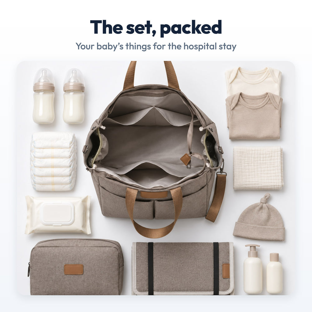 Securidou Diaper Bag Tote Set: packed, flat lay