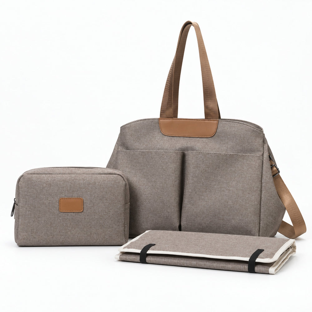 Securidou diaper bag set in taupe: tote, pouch and changing pad, on a white background