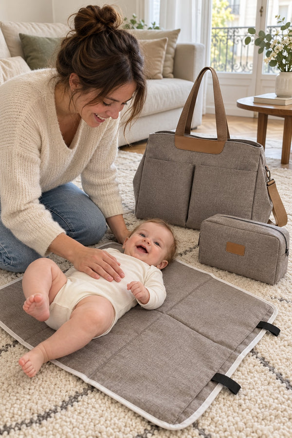 Parent changing their baby on the floor on the Securidou set's pad, one hand on the baby