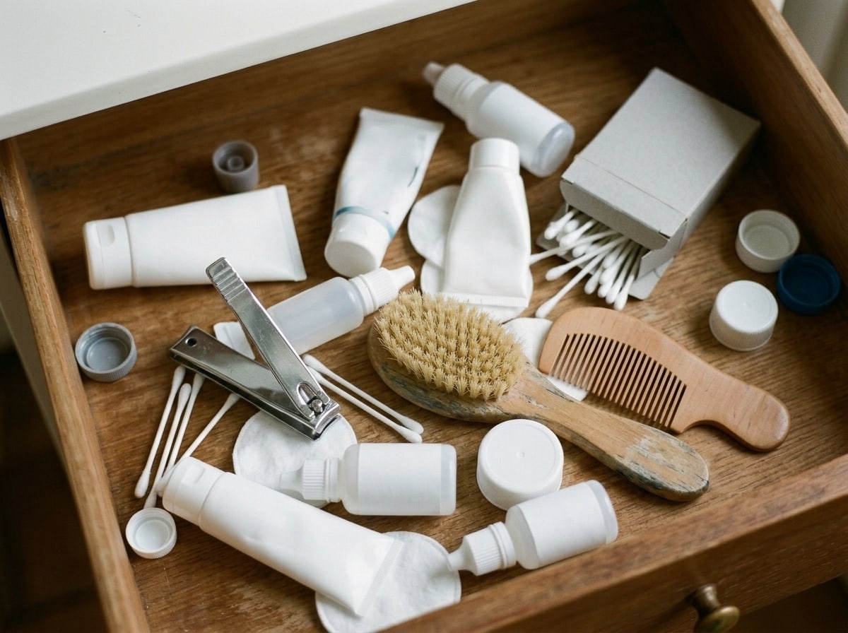Bathroom drawer cluttered with mismatched care accessories