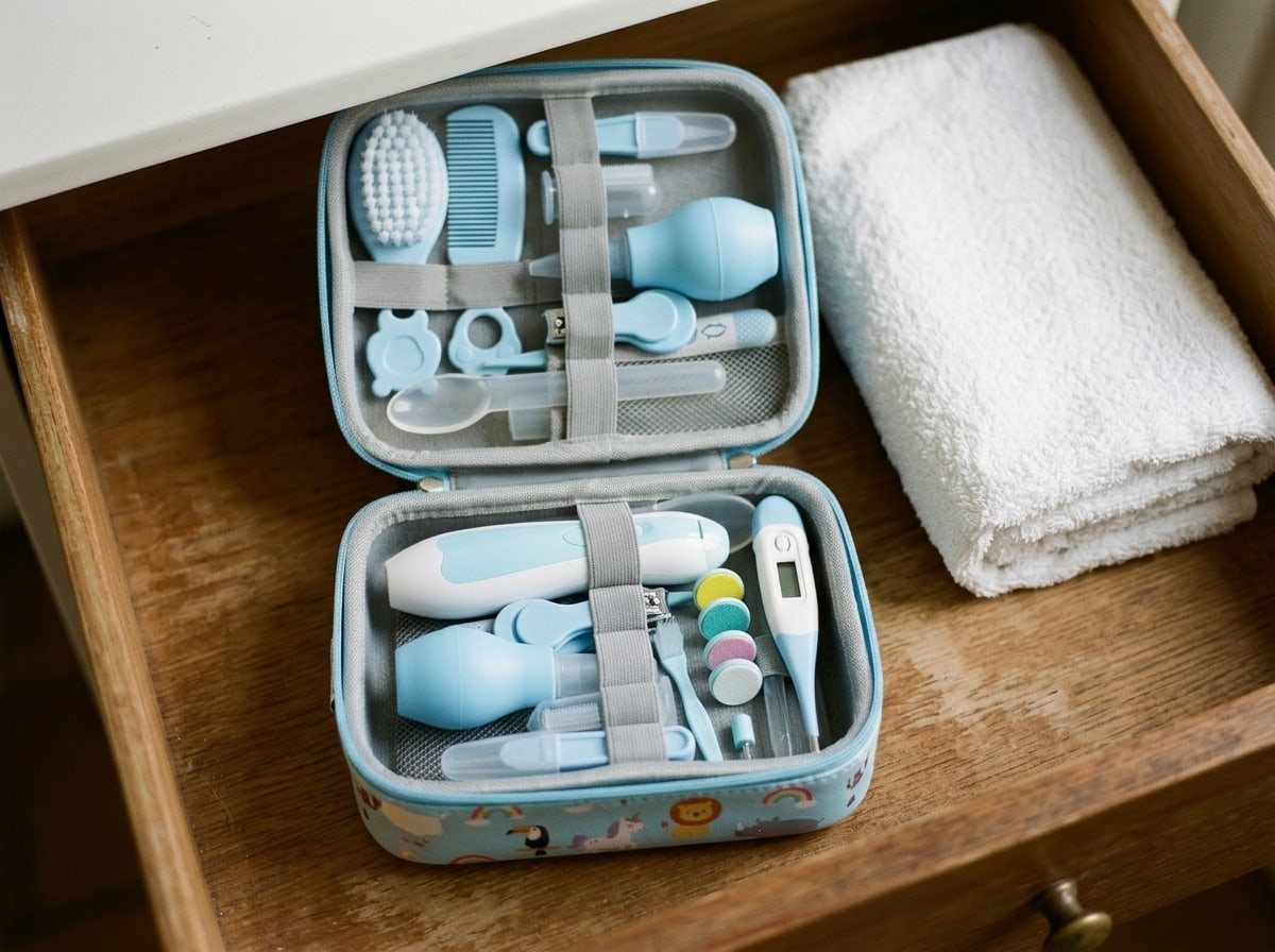 Securidou grooming kit open and tidied away in the bathroom drawer