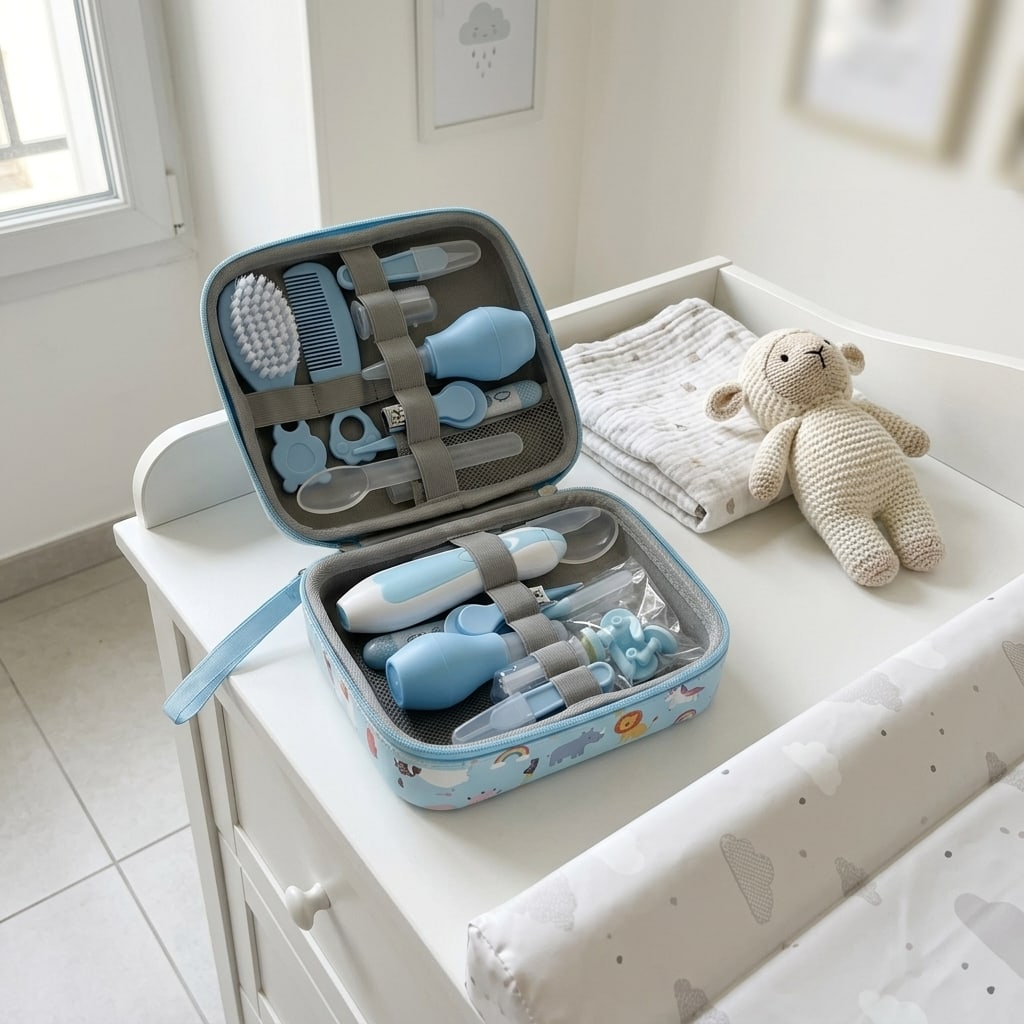 Securidou grooming kit open on a chest of drawers, each accessory in its place