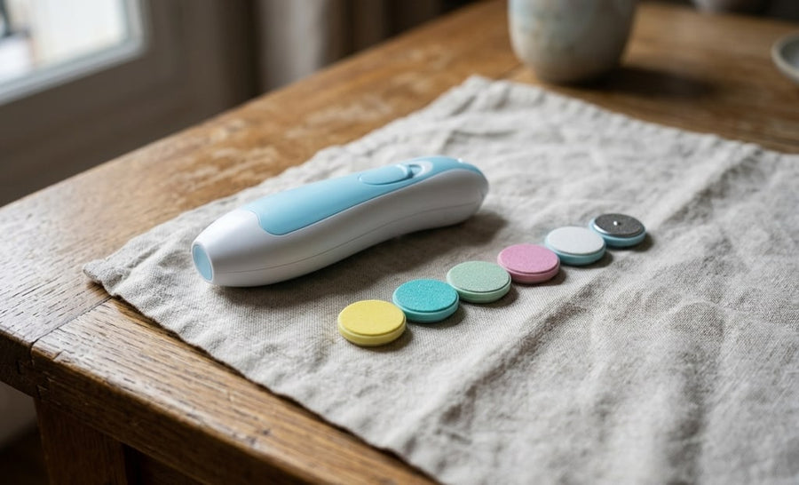 The kit's electric nail file and its six heads laid on a cloth