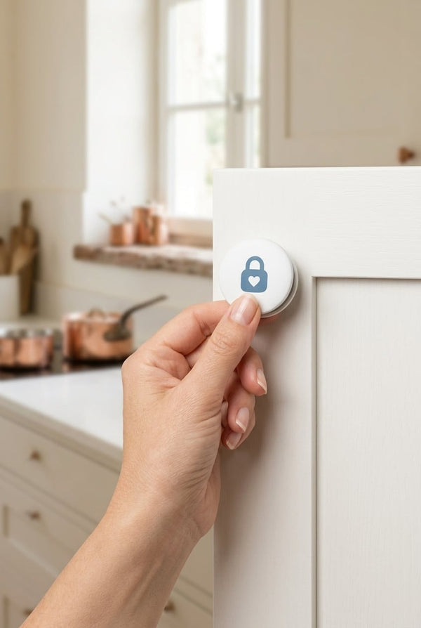 Securidou magnetic key placed against a closed cupboard door