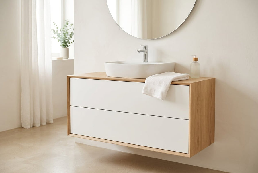 Bathroom cabinet with closed drawers